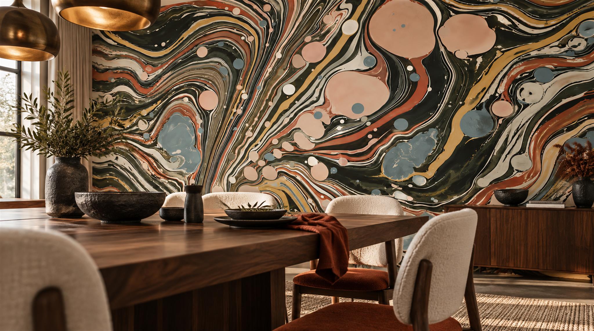 Red And Neutral Decorative Patterning Wallpaper Mural Layered Curved Dining-room-wallpaper-murals, Shown In A Dining Room, Peel-and-stick Finish