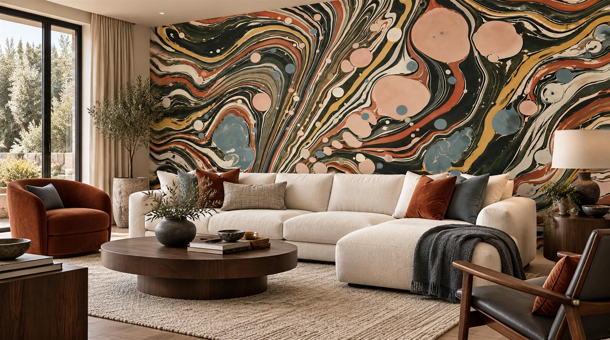 Red And Neutral Decorative Patterning Wallpaper Mural Layered Curved Living-room-wallpaper-murals, Peel-and-stick Finish