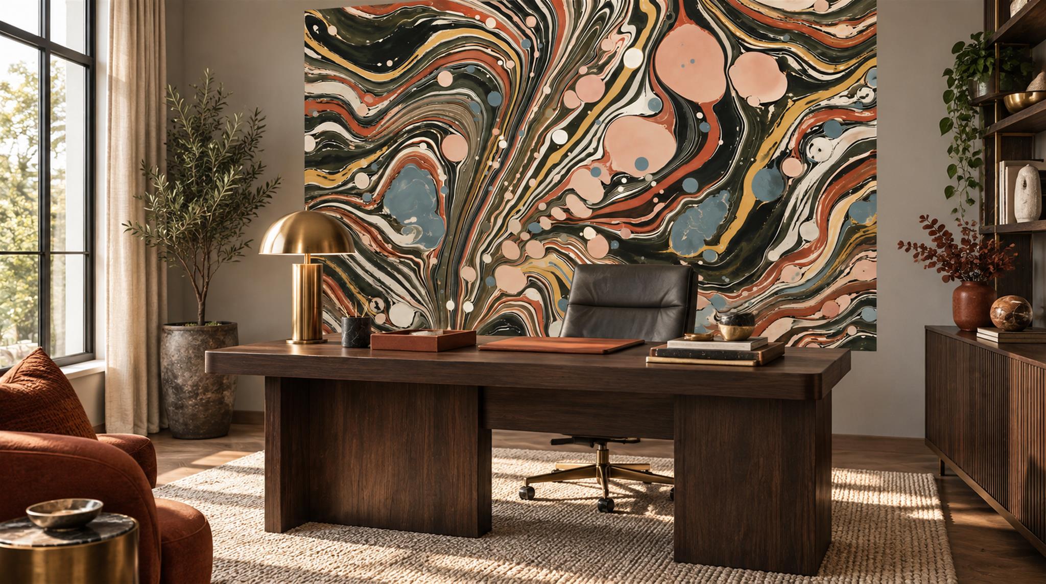 Red And Neutral Decorative Patterning Wallpaper Mural Layered Curved Office-wallpaper-murals, Shown In A Home Office, Peel-and-stick Finish
