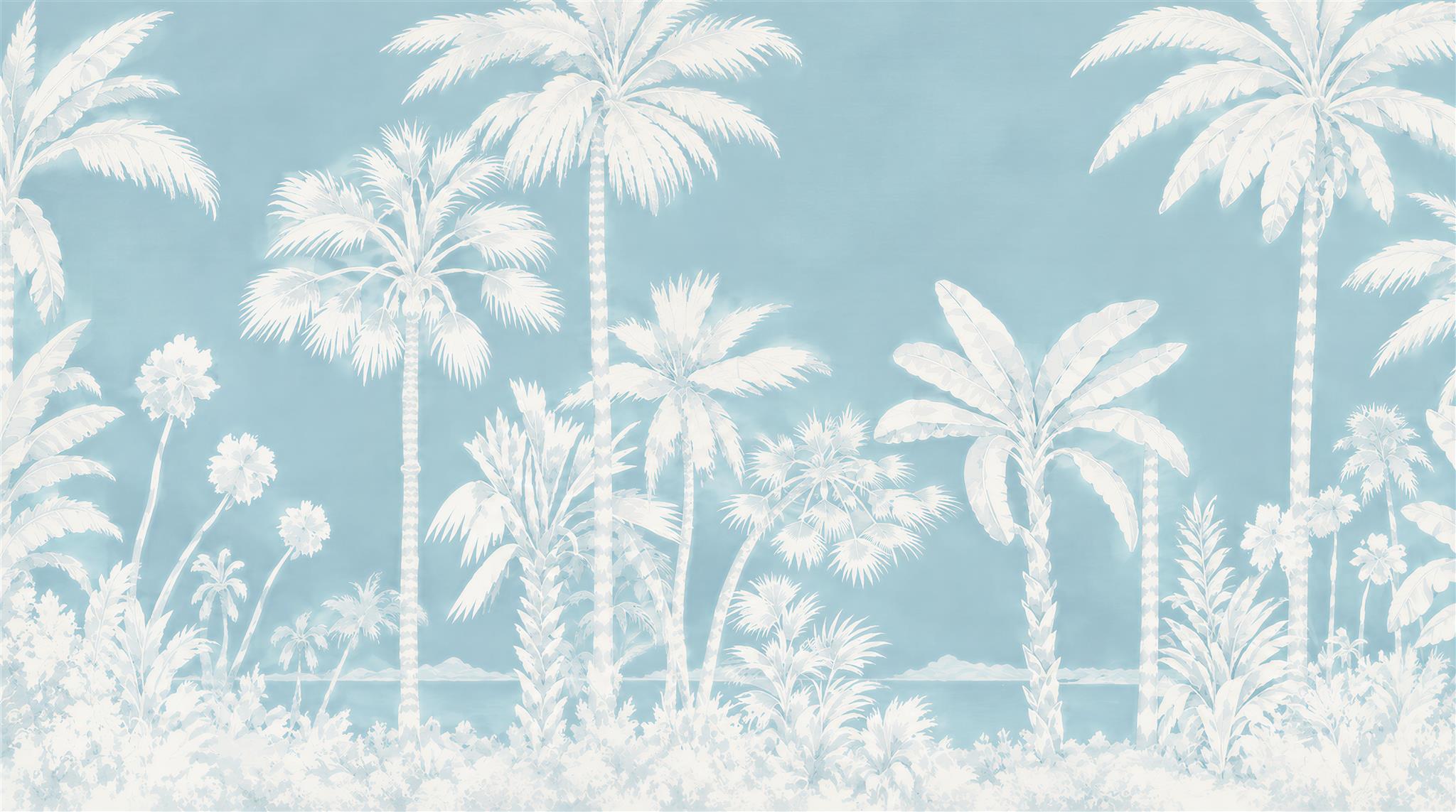 Blue And Neutral Palm Leaves Wallpaper Mural, Peel-and-stick Finish