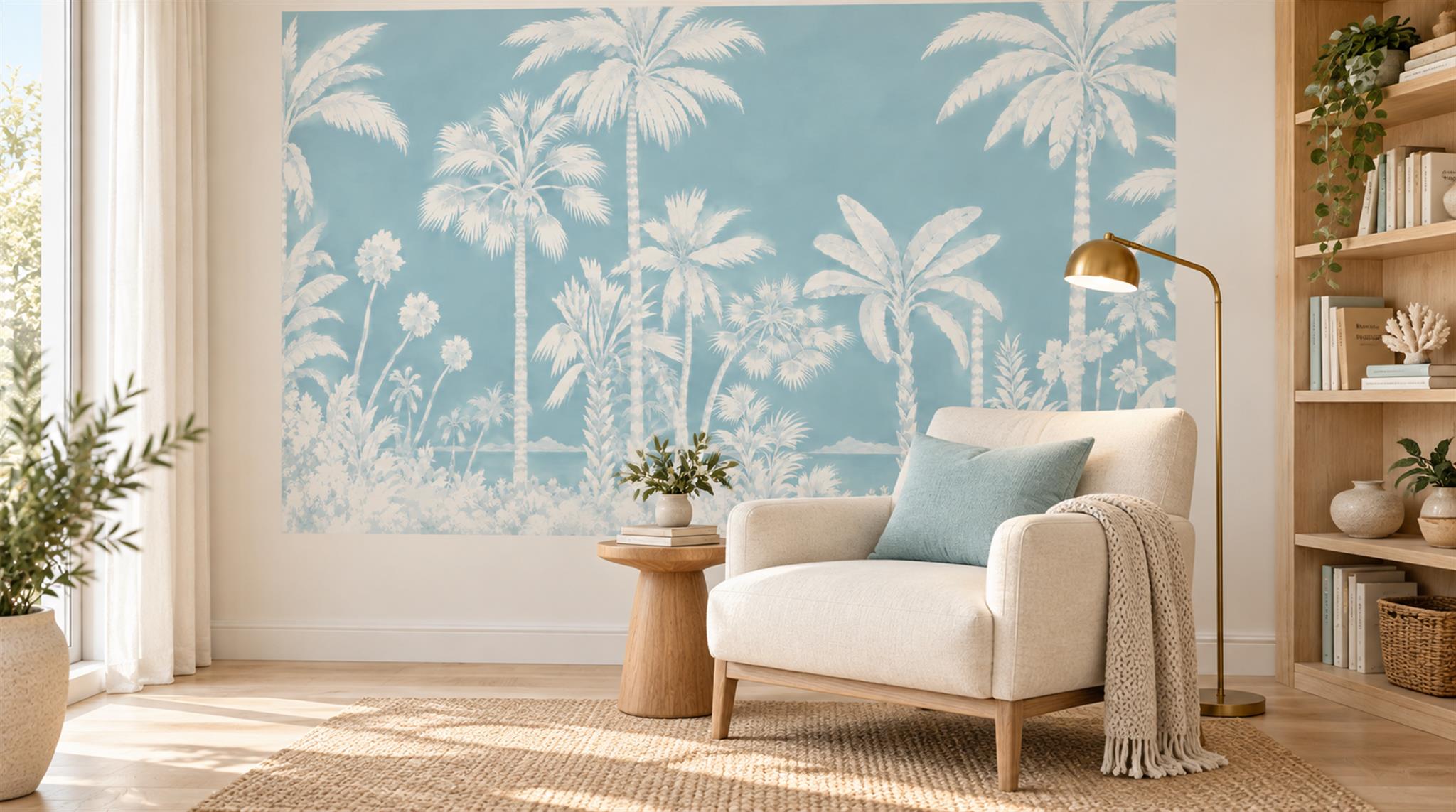 Blue And Neutral Palm Leaves Wallpaper Mural Accent-wall-wallpaper-murals, Peel-and-stick Finish