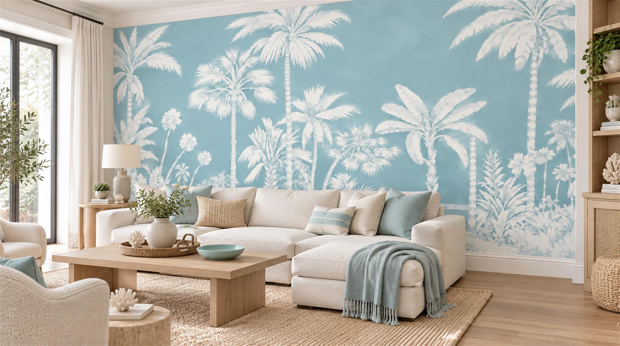 Blue And Neutral Palm Leaves Wallpaper Mural Living-room-wallpaper-murals, Shown In A Living Room, Peel-and-stick Finish