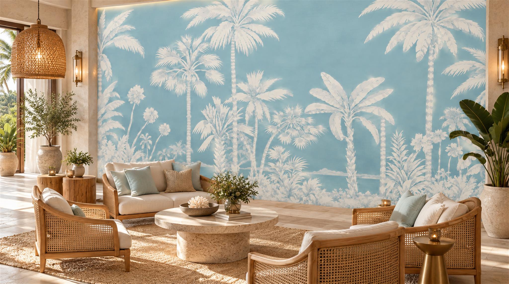 White Palm Silhouettes On Blue Wallpaper Mural — Wallpaper Mural Design, Peel-and-stick Finish