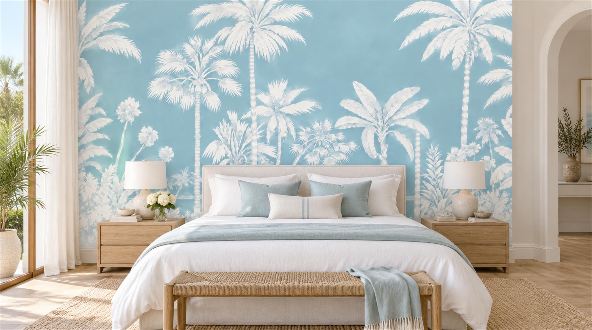 Blue And Neutral Palm Leaves Wallpaper Mural Bedroom-wallpaper-murals, Peel-and-stick Finish