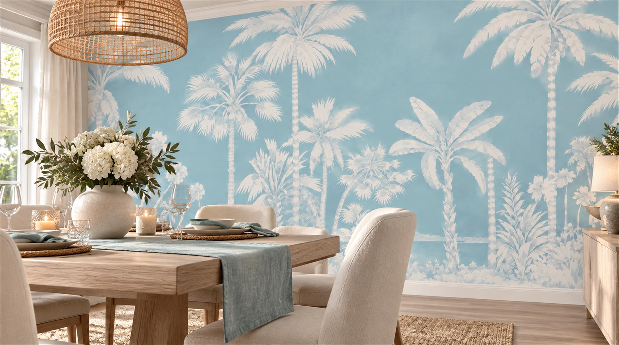 Blue And Neutral Palm Leaves Wallpaper Mural Dining-room-wallpaper-murals, Shown In A Dining Room, Peel-and-stick Finish