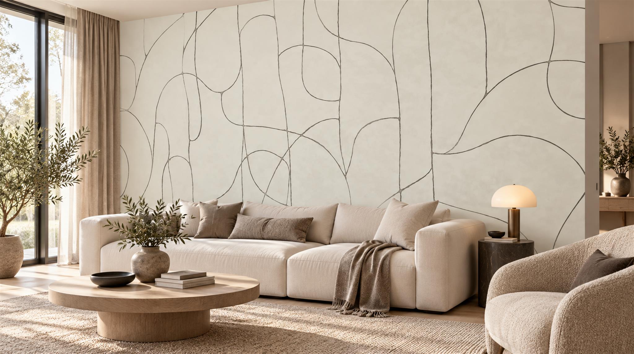 Ivory And Red Linear Movement Decorative Wallpaper Mural Living-room-wallpaper-murals, Shown In A Living Room, Peel-and-stick Finish