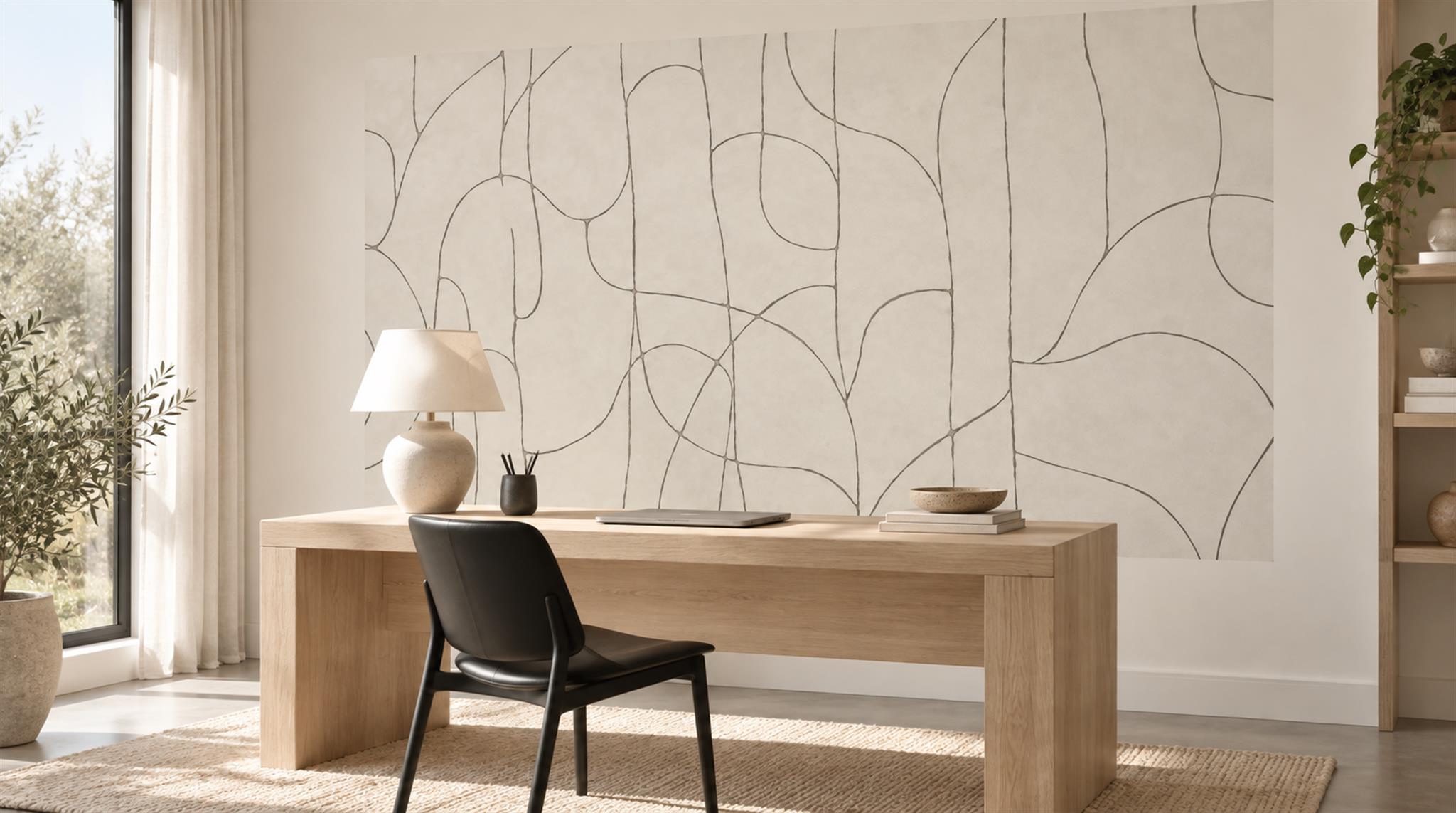 Ivory And Red Linear Movement Decorative Wallpaper Mural Office-wallpaper-murals, Shown In A Home Office, Peel-and-stick Finish