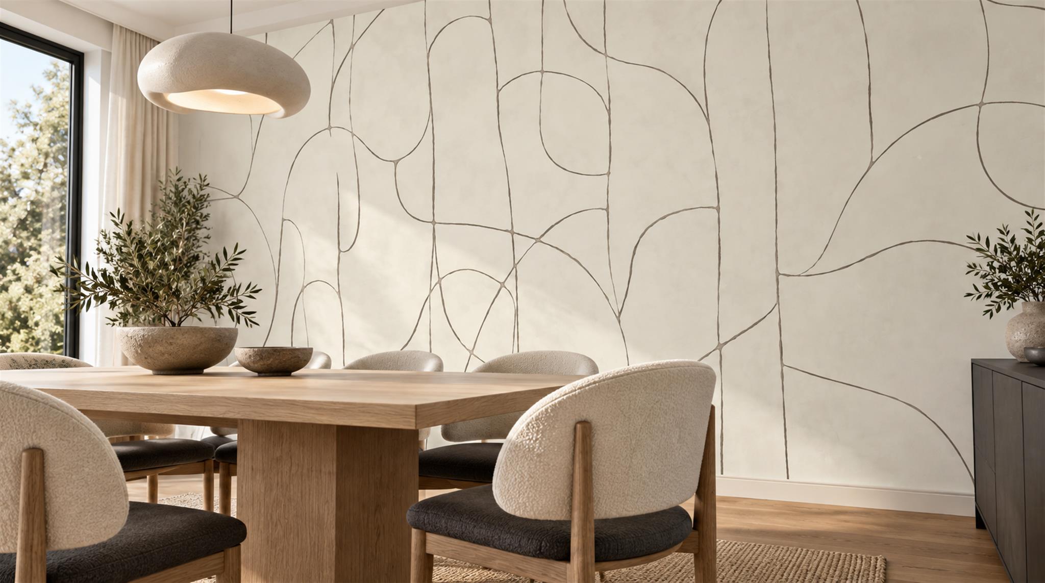 Ivory And Red Linear Movement Decorative Wallpaper Mural Dining-room-wallpaper-murals, Shown In A Dining Room, Peel-and-stick Finish