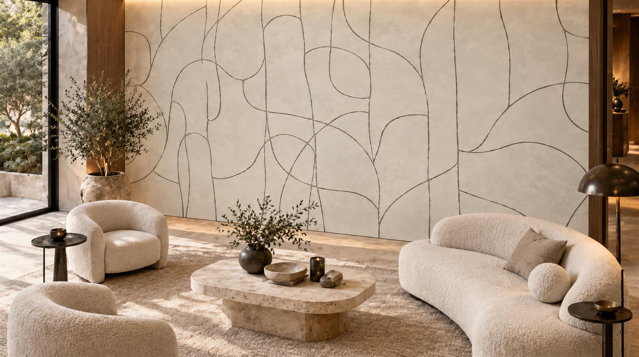 Ivory Abstract Looping Line Wallpaper Mural — Wallpaper Mural Design, Peel-and-stick Finish