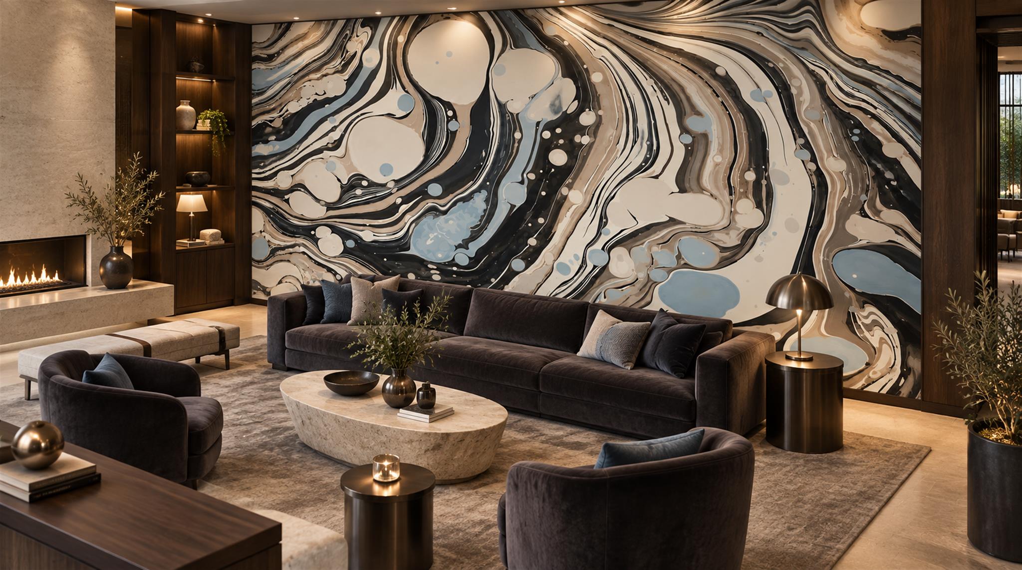 Red And Neutral Sweeping Swirl Forms Wallpaper Accent-wall-wallpaper-murals, Peel-and-stick Finish