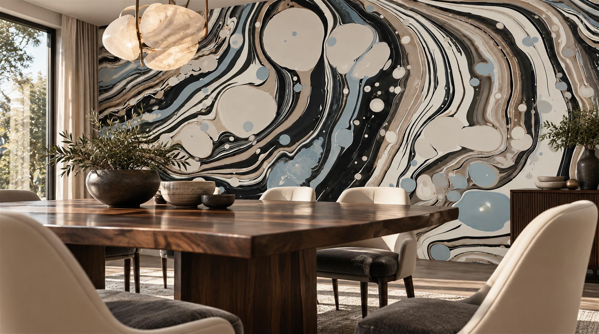 Red And Neutral Sweeping Swirl Forms Wallpaper Dining-room-wallpaper-murals, Shown In A Dining Room, Peel-and-stick Finish