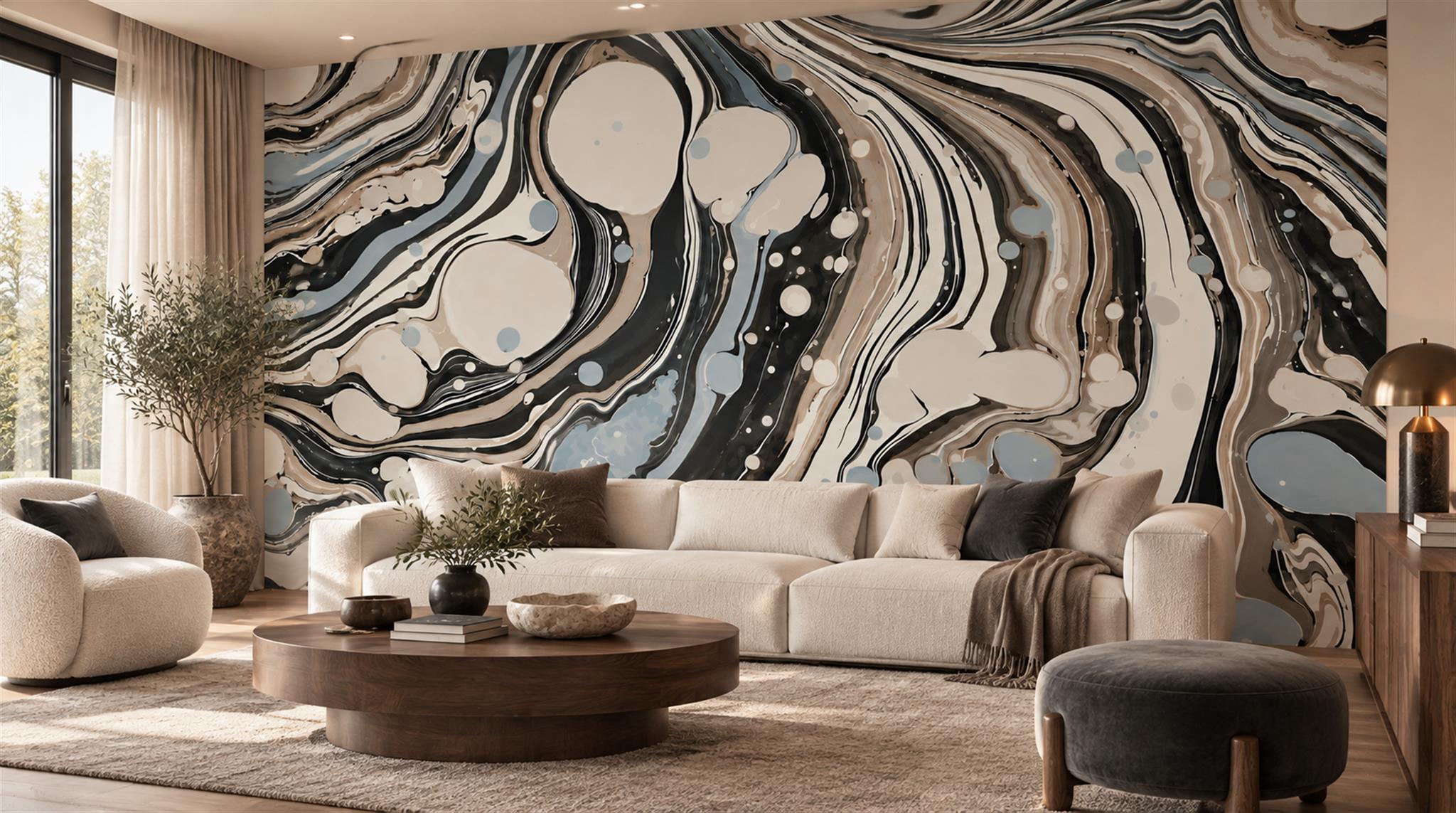 Red And Neutral Sweeping Swirl Forms Wallpaper Living-room-wallpaper-murals, Peel-and-stick Finish
