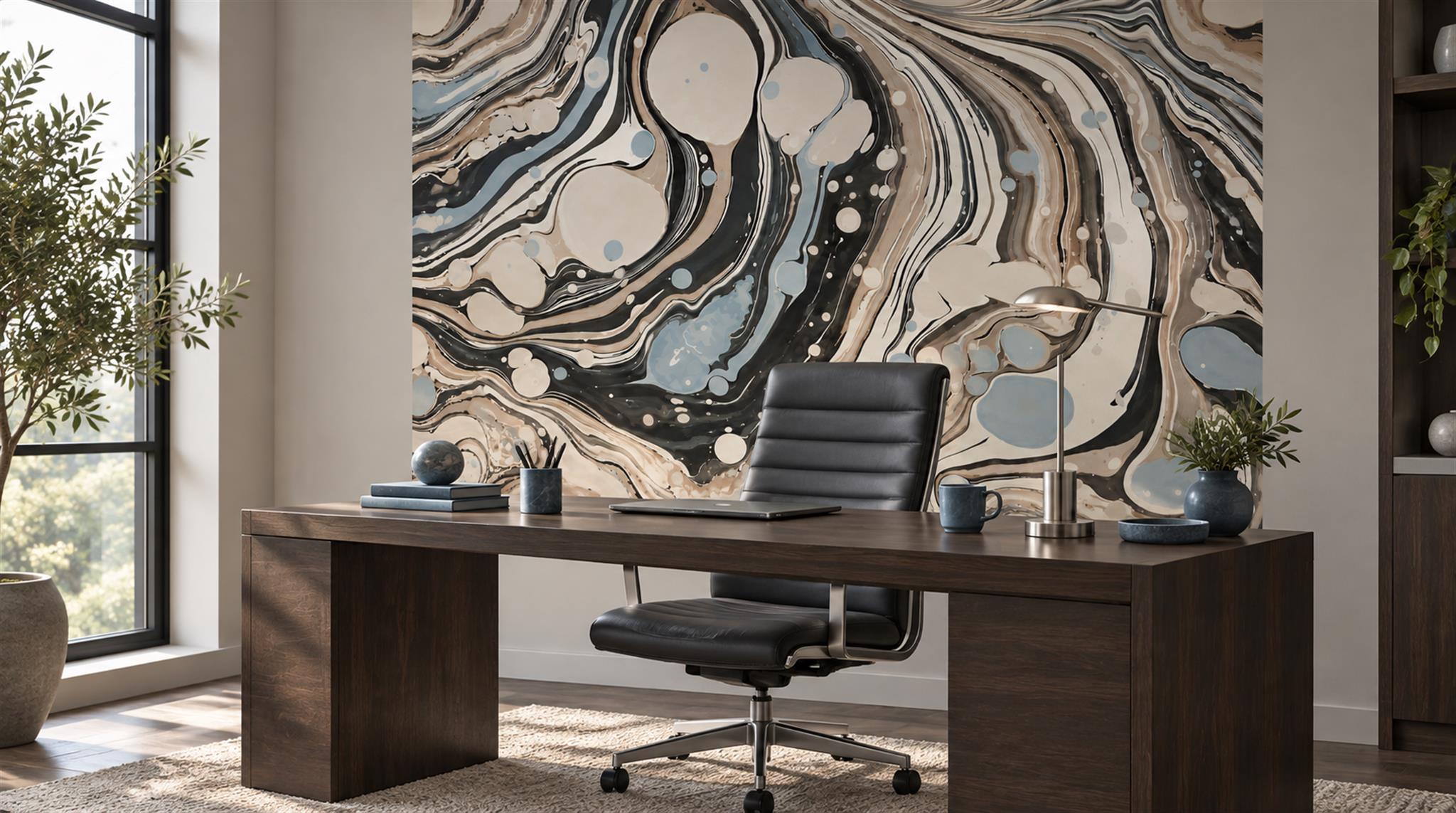 Red And Neutral Sweeping Swirl Forms Wallpaper Office-wallpaper-murals, Shown In A Home Office, Peel-and-stick Finish