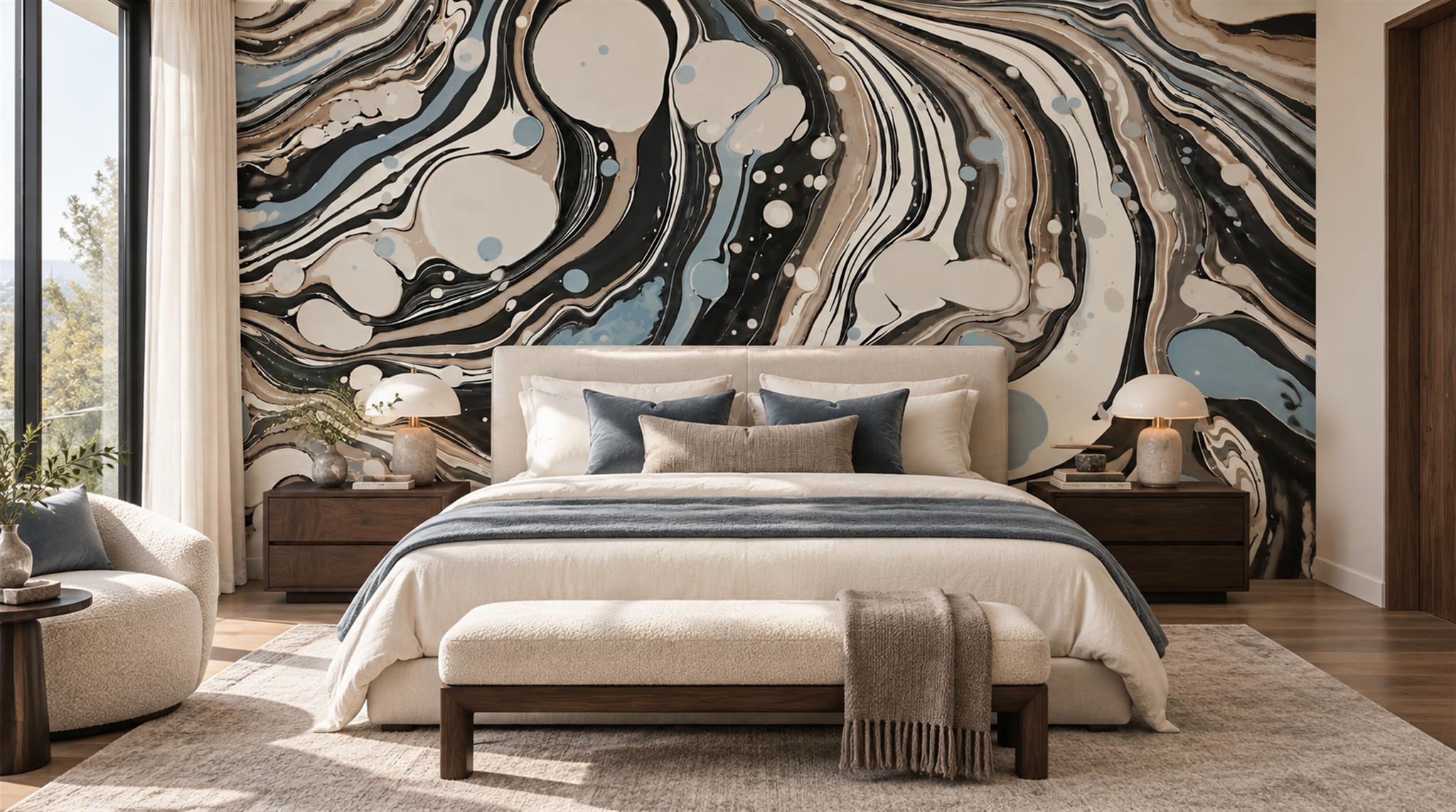 Red And Neutral Sweeping Swirl Forms Wallpaper Bedroom-wallpaper-murals, Peel-and-stick Finish
