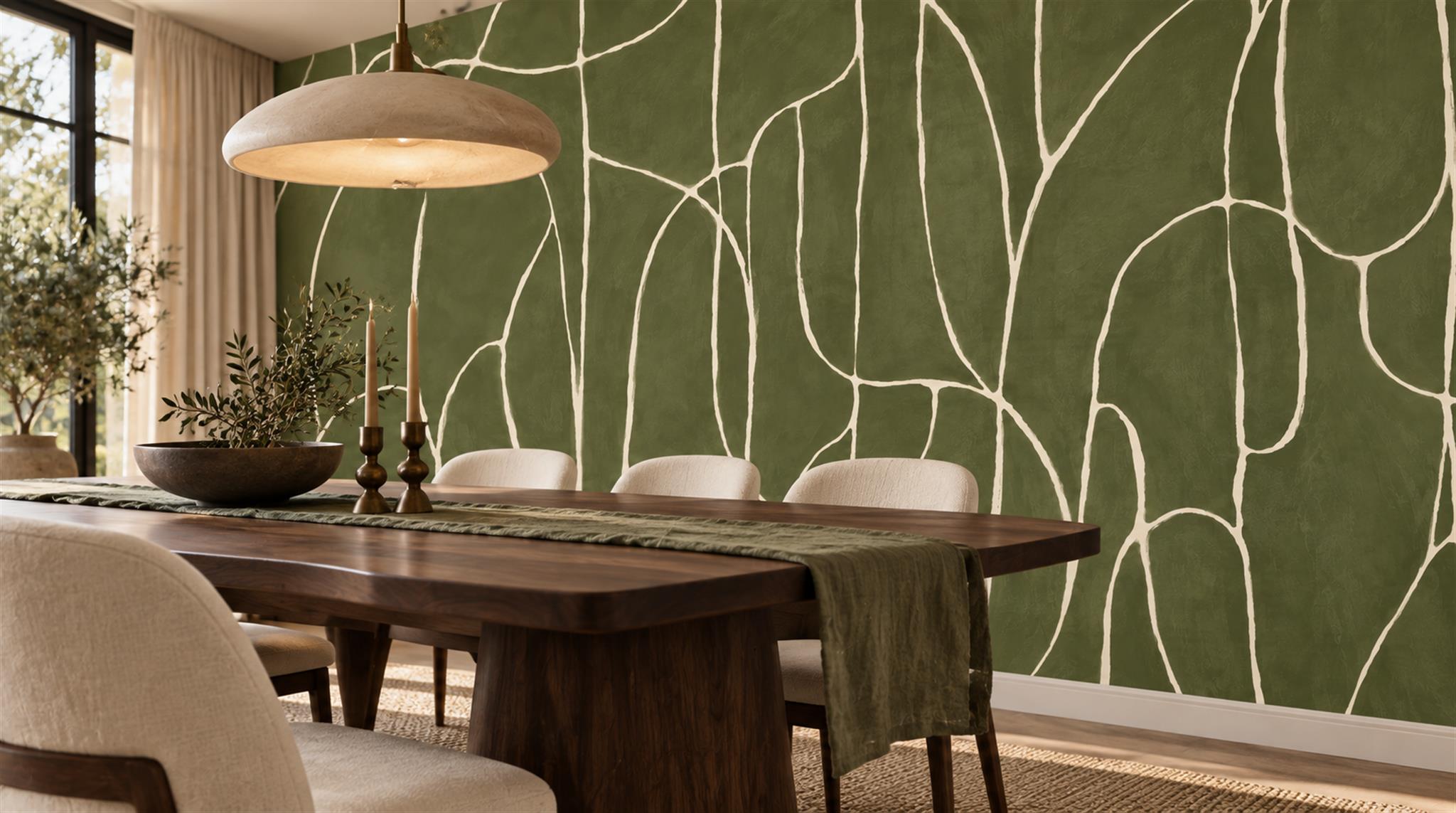 Red And Olive Abstract Forms Wallpaper Mural Dining-room-wallpaper-murals, Shown In A Dining Room, Peel-and-stick Finish