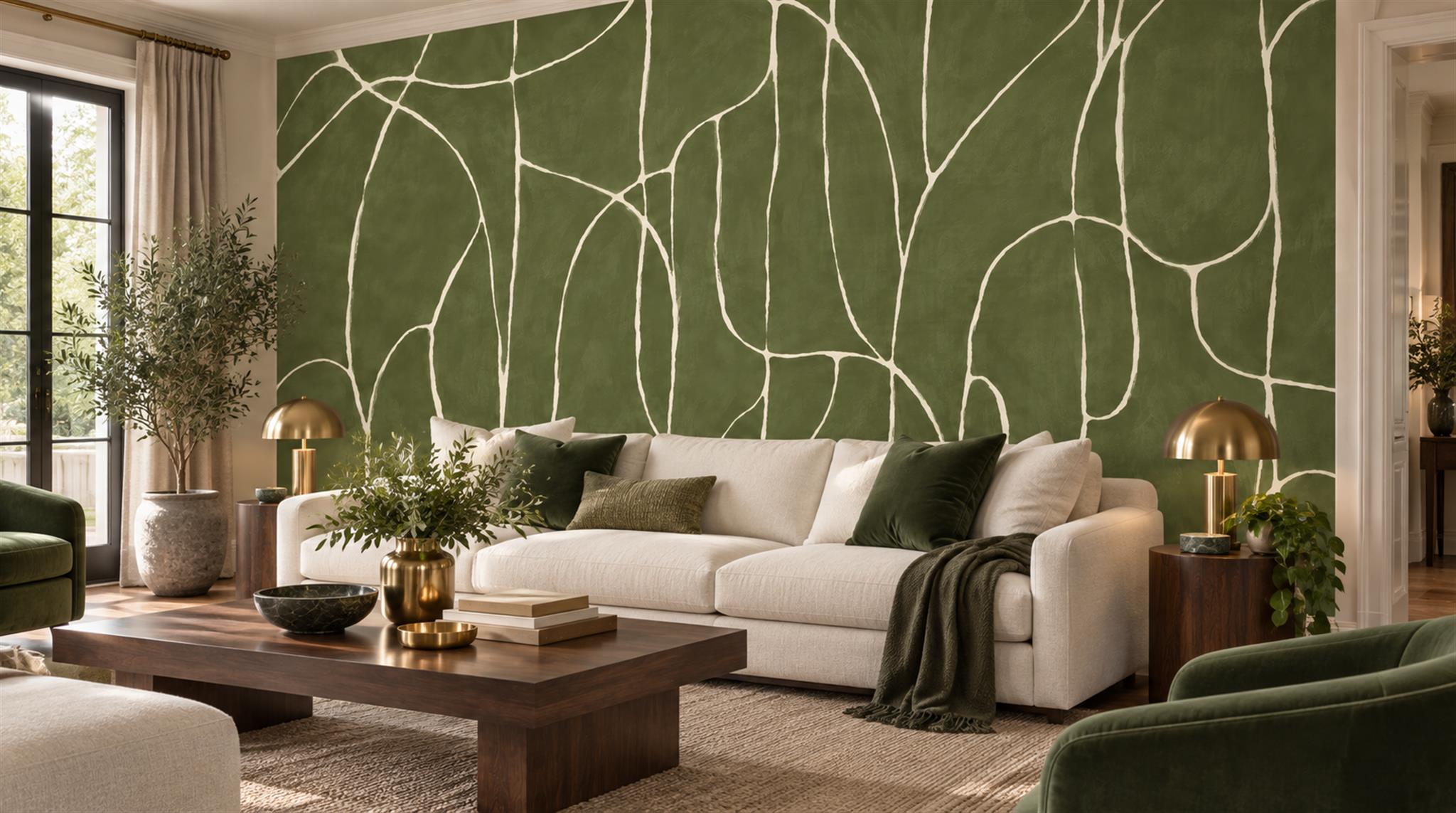 Red And Olive Abstract Forms Wallpaper Mural Living-room-wallpaper-murals, Shown In A Living Room, Peel-and-stick Finish