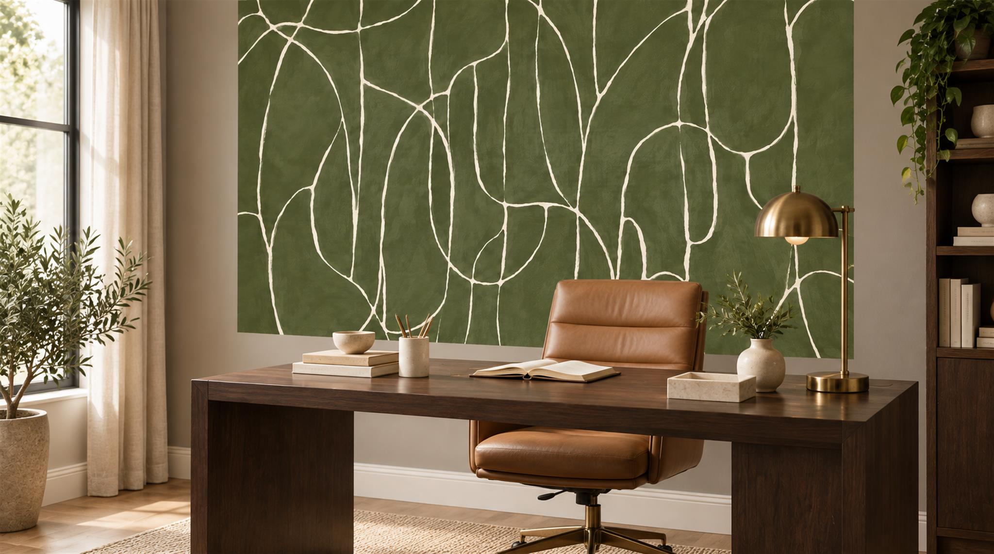 Red And Olive Abstract Forms Wallpaper Mural Office-wallpaper-murals, Shown In A Home Office, Peel-and-stick Finish