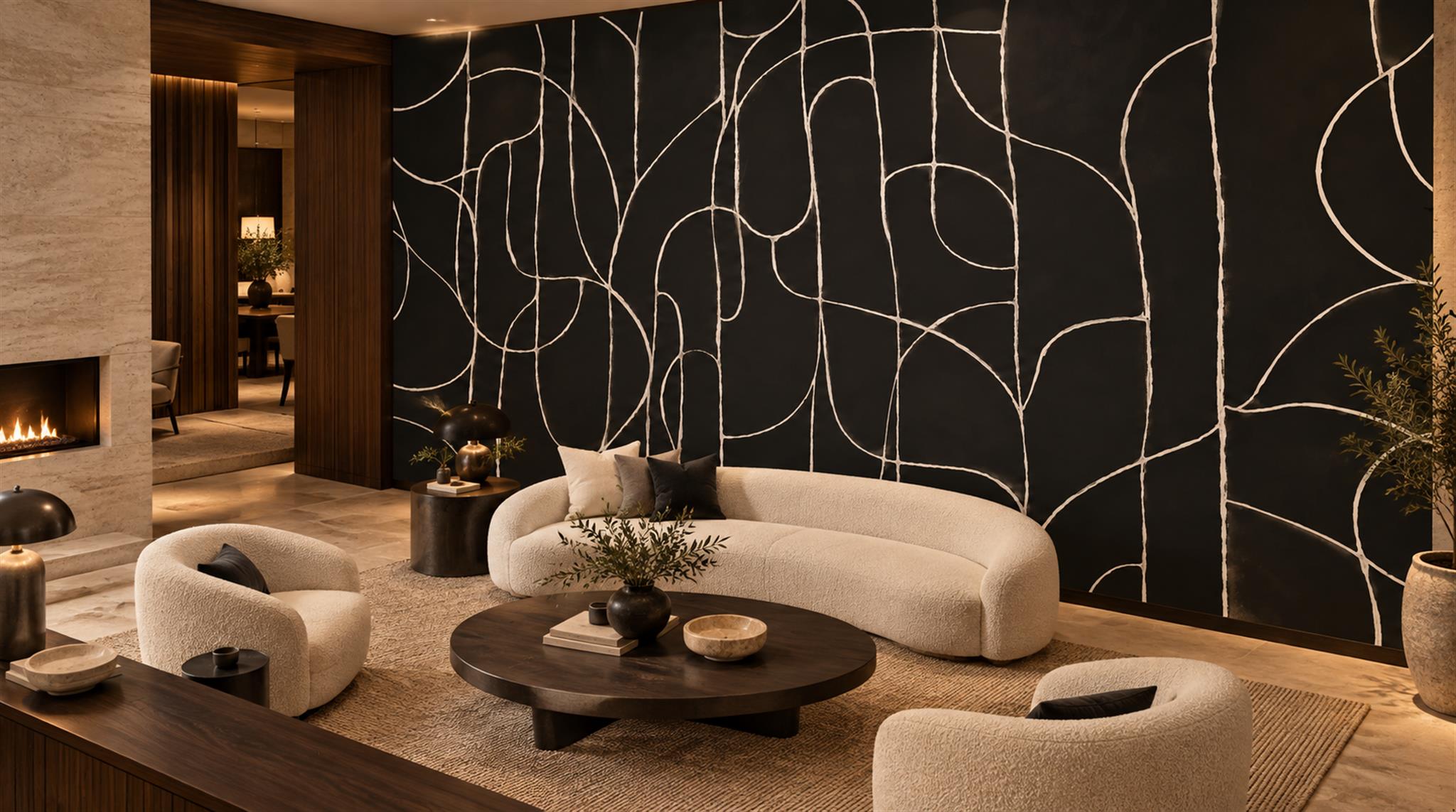 Black And Neutral Abstract Forms Wallpaper Mural Accent-wall-wallpaper-murals, Peel-and-stick Finish