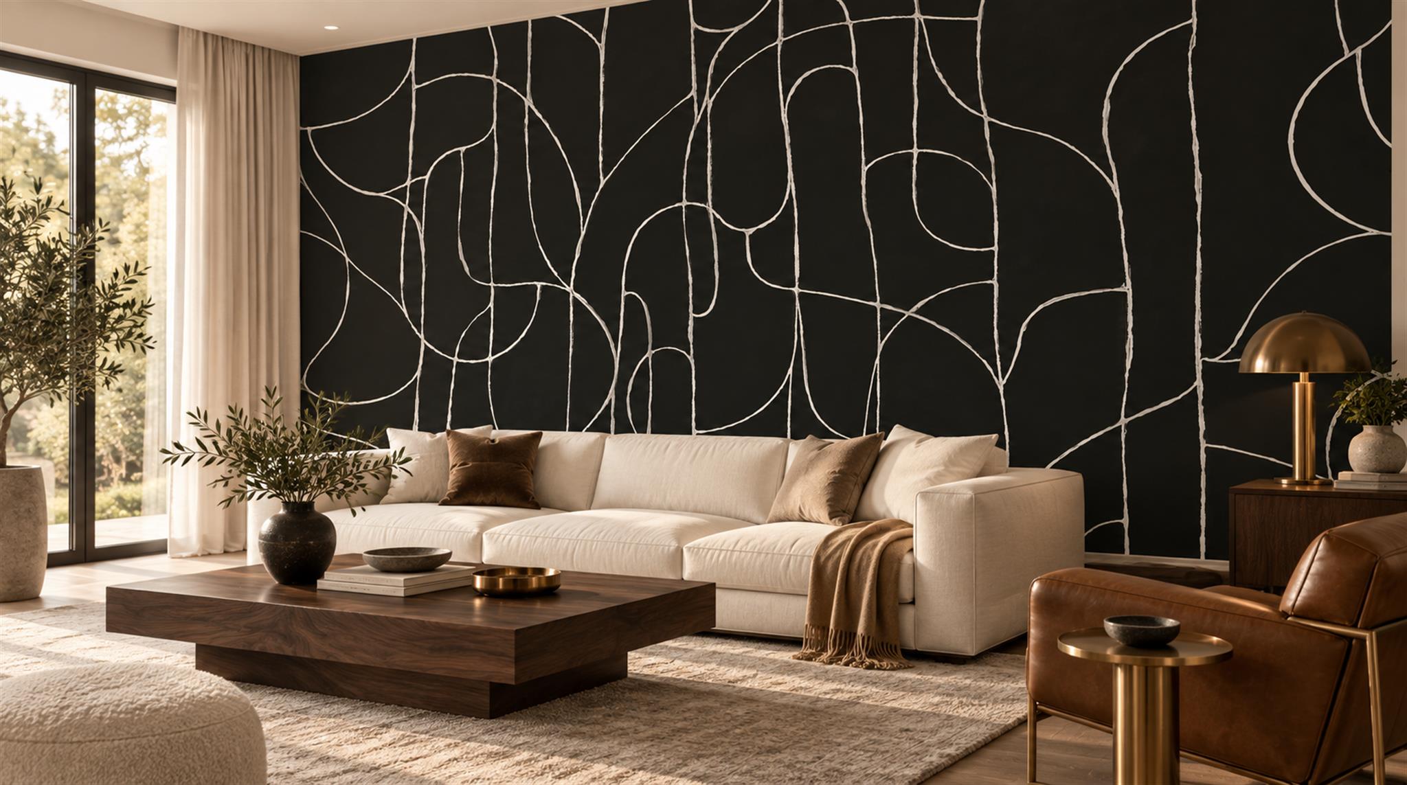 Black And Neutral Abstract Forms Wallpaper Mural Living-room-wallpaper-murals, Shown In A Living Room, Peel-and-stick Finish