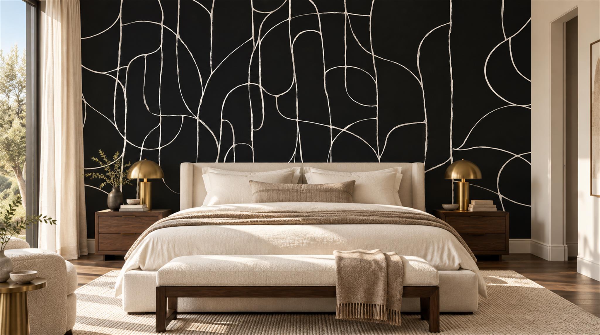 Black And Neutral Abstract Forms Wallpaper Mural Bedroom-wallpaper-murals, Peel-and-stick Finish