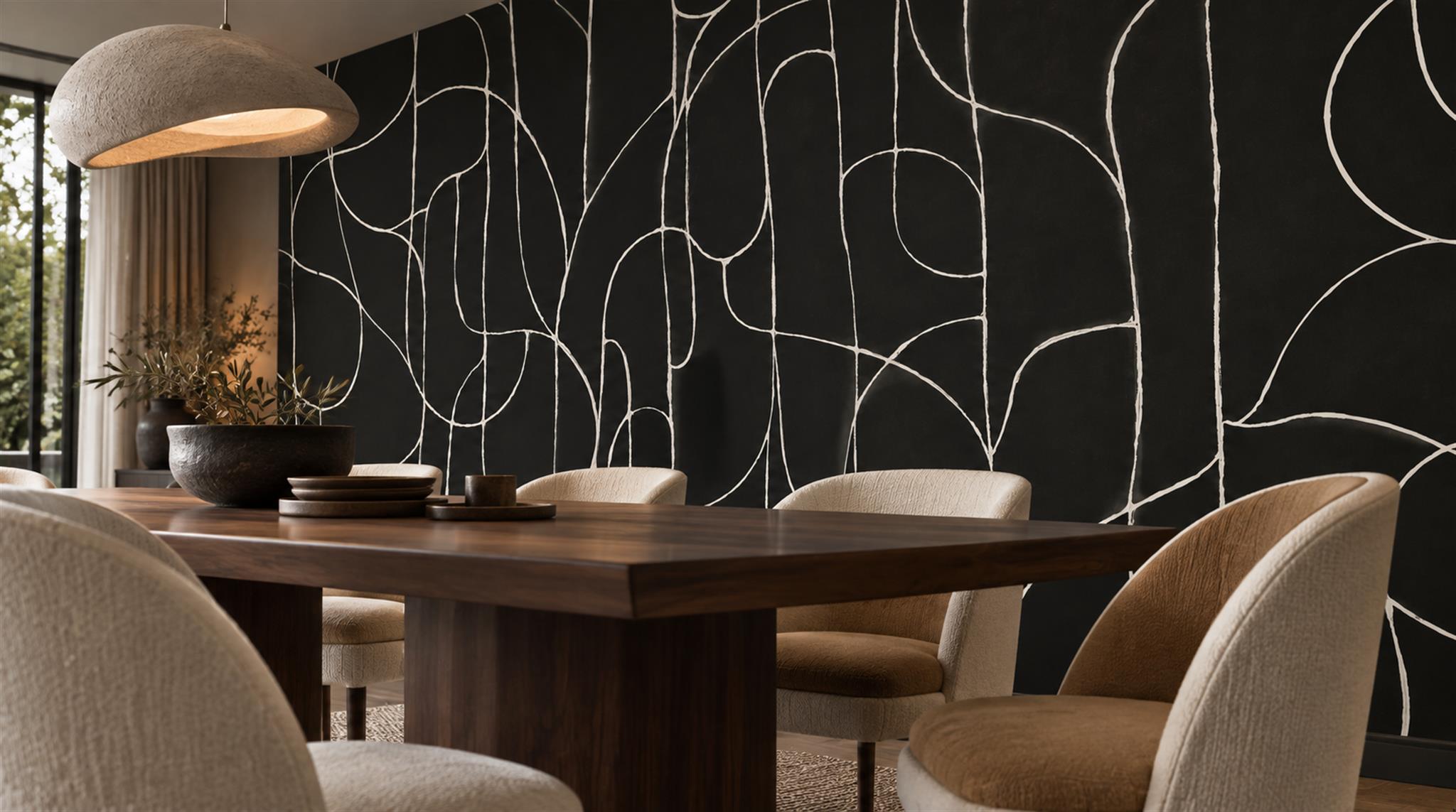 Black And Neutral Abstract Forms Wallpaper Mural Dining-room-wallpaper-murals, Shown In A Dining Room, Peel-and-stick Finish