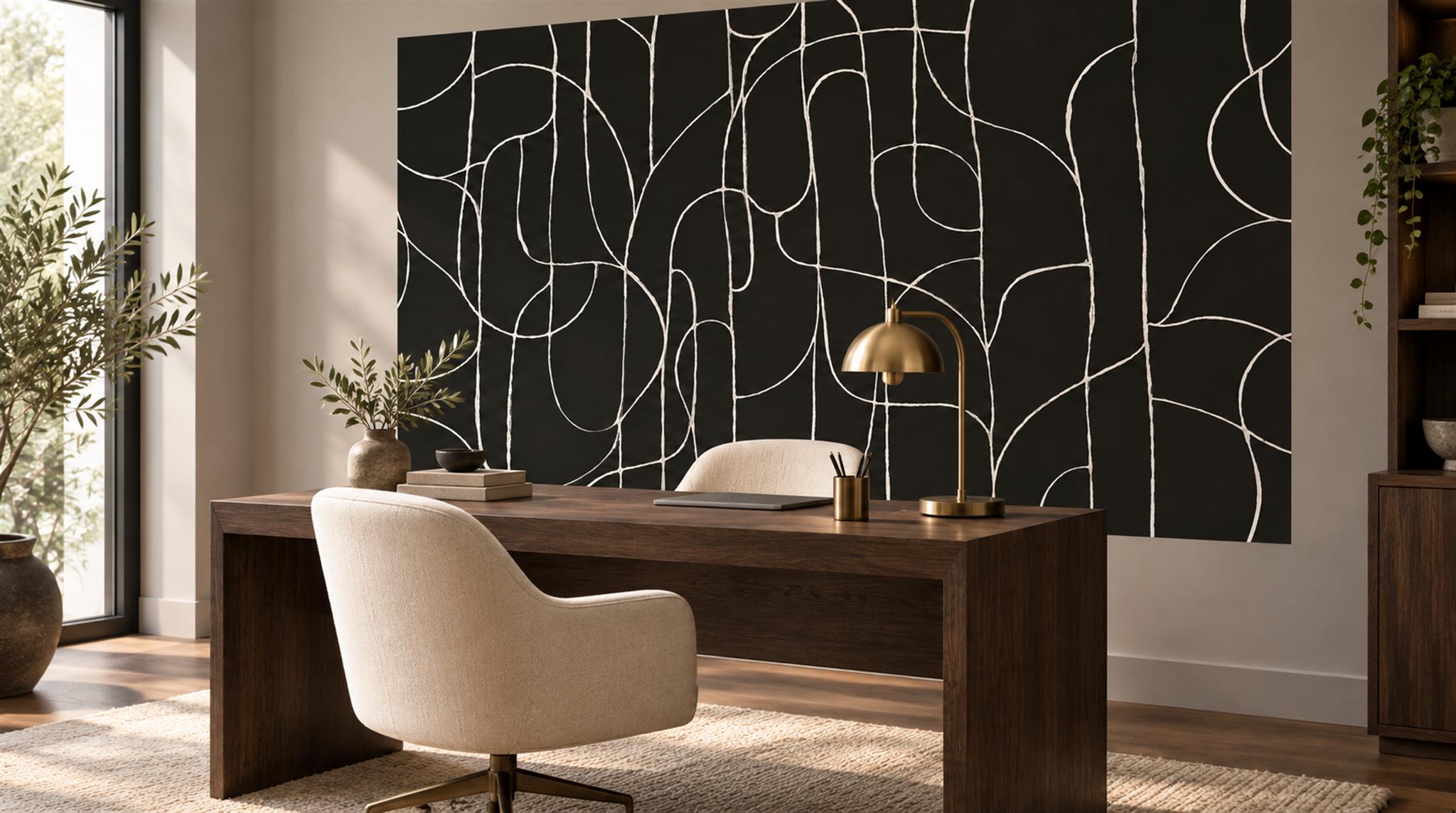 Black And Neutral Abstract Forms Wallpaper Mural Accent-wall-wallpaper-murals, Peel-and-stick Finish