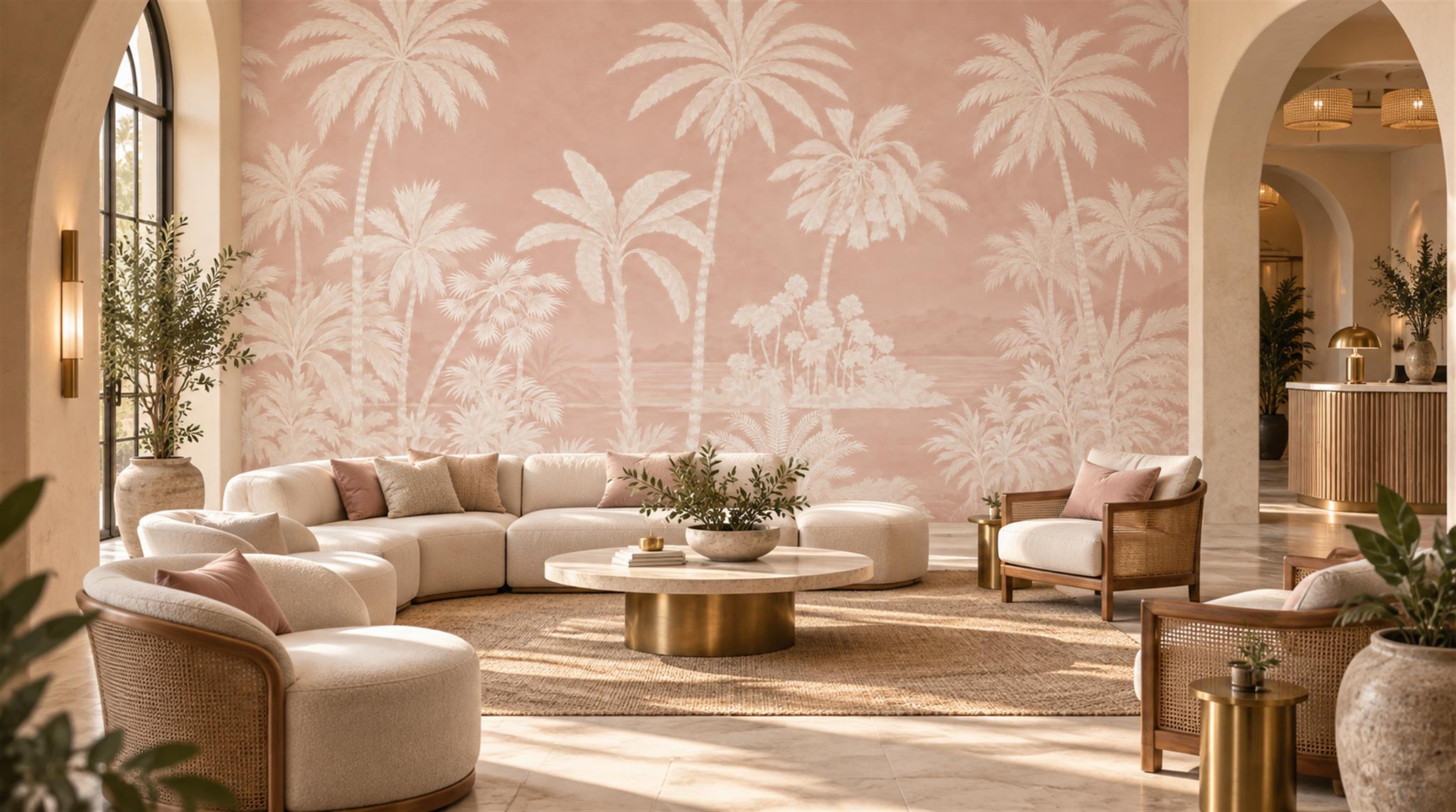 Pink And Neutral Palm Leaves Wallpaper Mural Accent-wall-wallpaper-murals, Peel-and-stick Finish