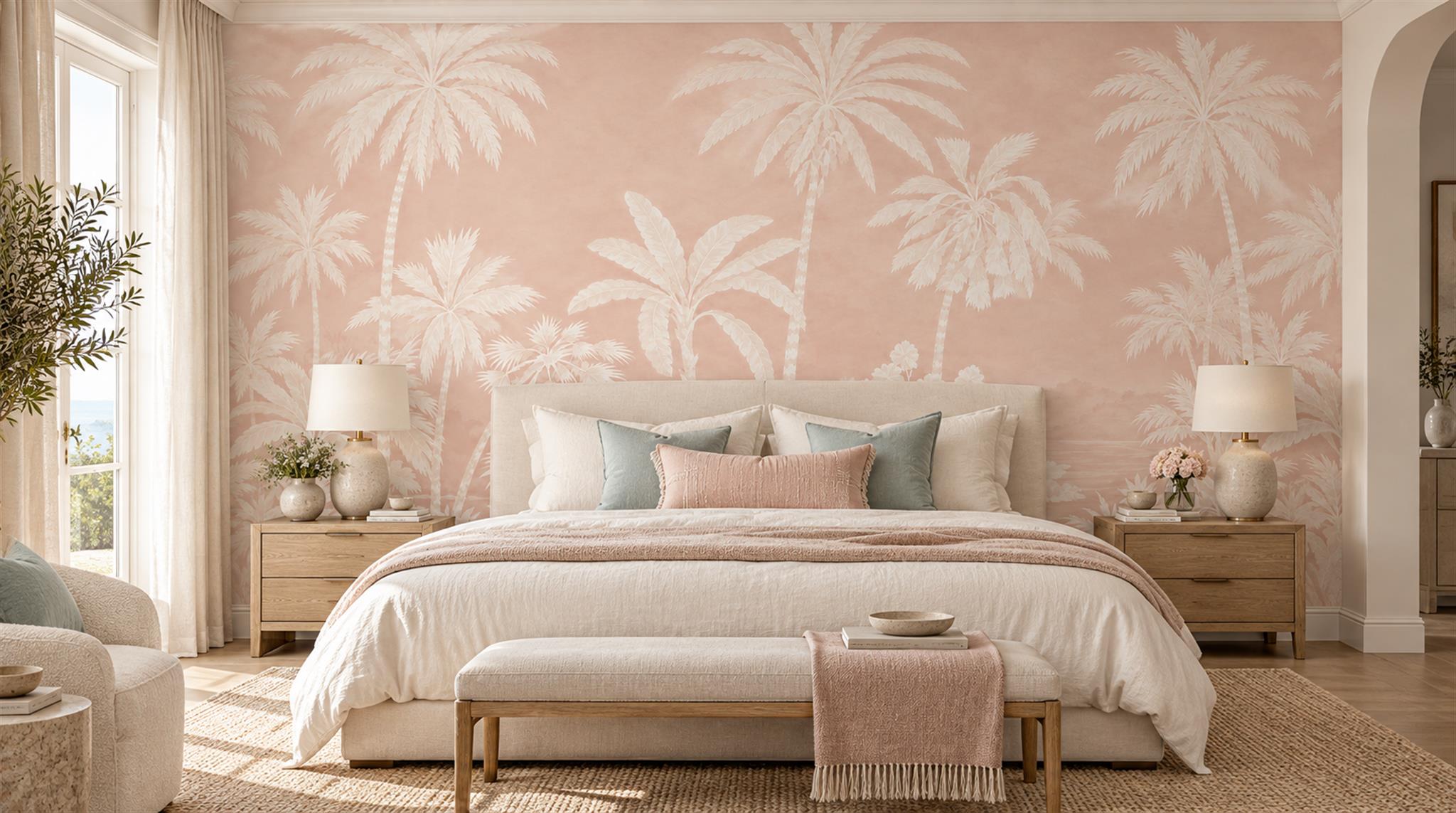 Pink And Neutral Palm Leaves Wallpaper Mural Bedroom-wallpaper-murals, Peel-and-stick Finish