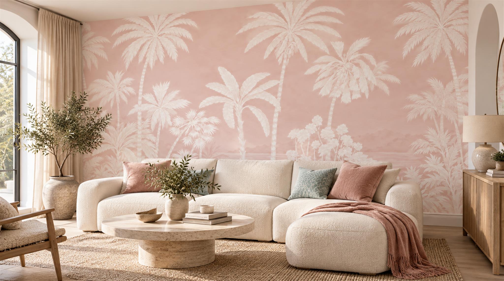 White Palm Silhouettes On Blush Pink Wallpaper Mural — Wallpaper Mural Design, Peel-and-stick Finish