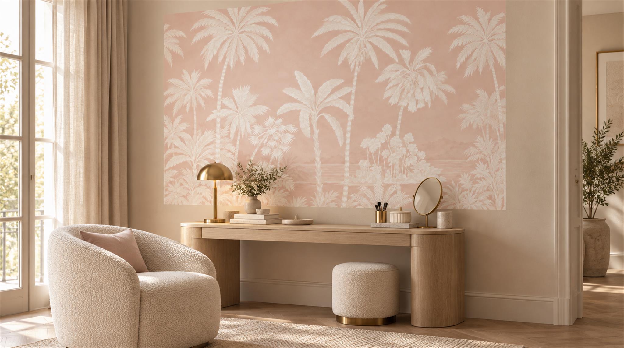 Pink And Neutral Palm Leaves Wallpaper Mural, Peel-and-stick Finish