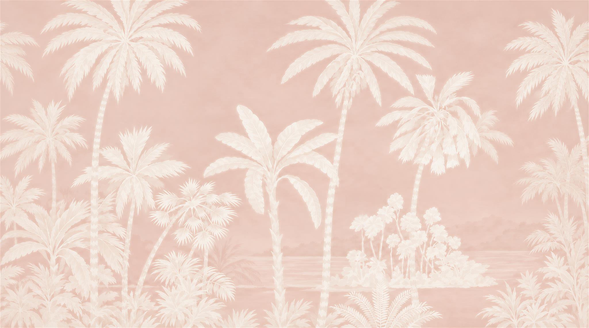Pink And Neutral Palm Leaves Wallpaper Mural Accent-wall-wallpaper-murals, Peel-and-stick Finish