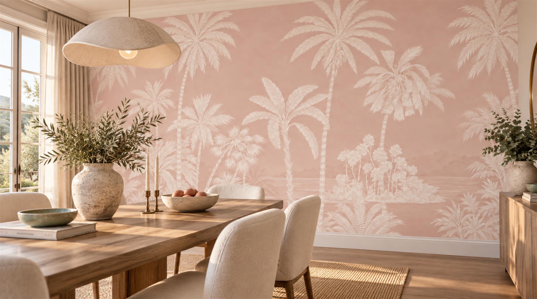 Pink And Neutral Palm Leaves Wallpaper Mural Dining-room-wallpaper-murals, Shown In A Dining Room, Peel-and-stick Finish