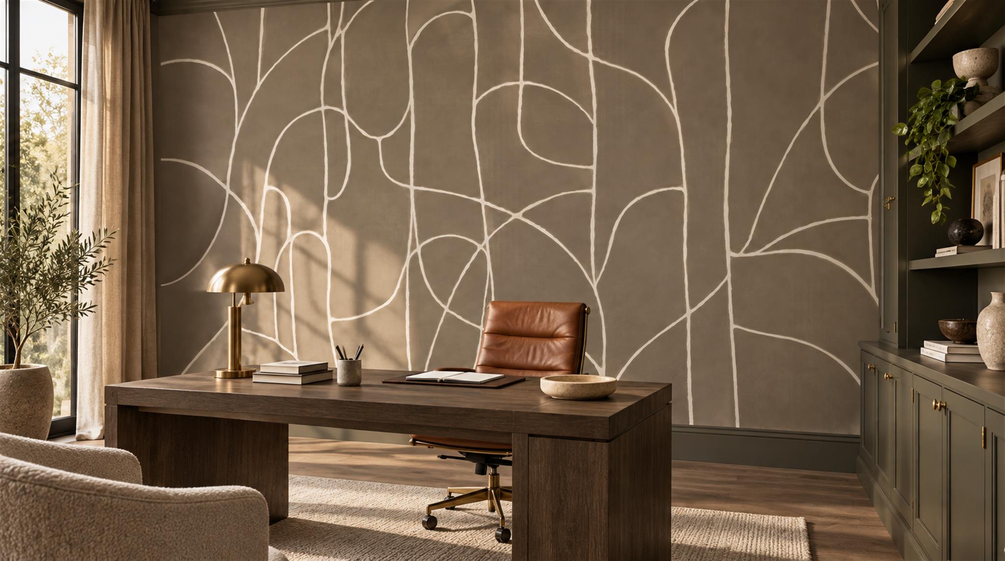 Red And Neutral Abstract Forms Wallpaper Mural Office-wallpaper-murals, Shown In A Home Office, Peel-and-stick Finish