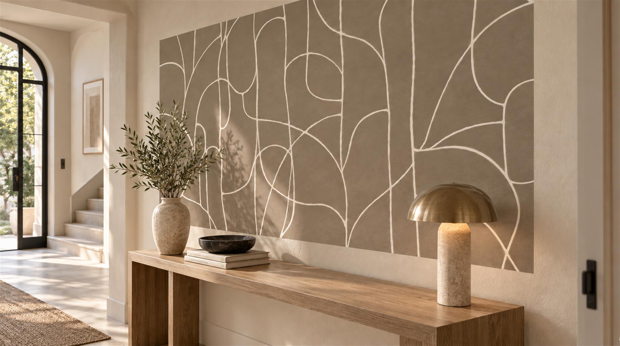 Red And Neutral Abstract Forms Wallpaper Mural Entryway-wallpaper-murals, Peel-and-stick Finish