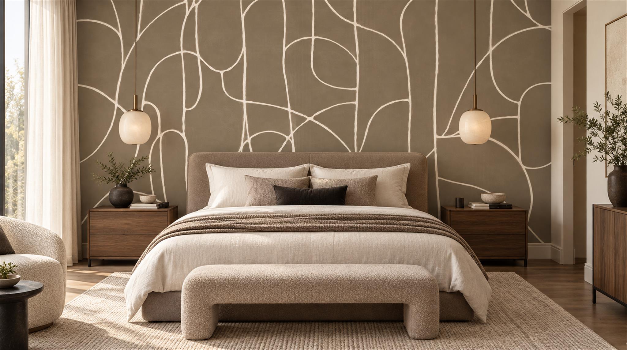 Red And Neutral Abstract Forms Wallpaper Mural Bedroom-wallpaper-murals, Peel-and-stick Finish