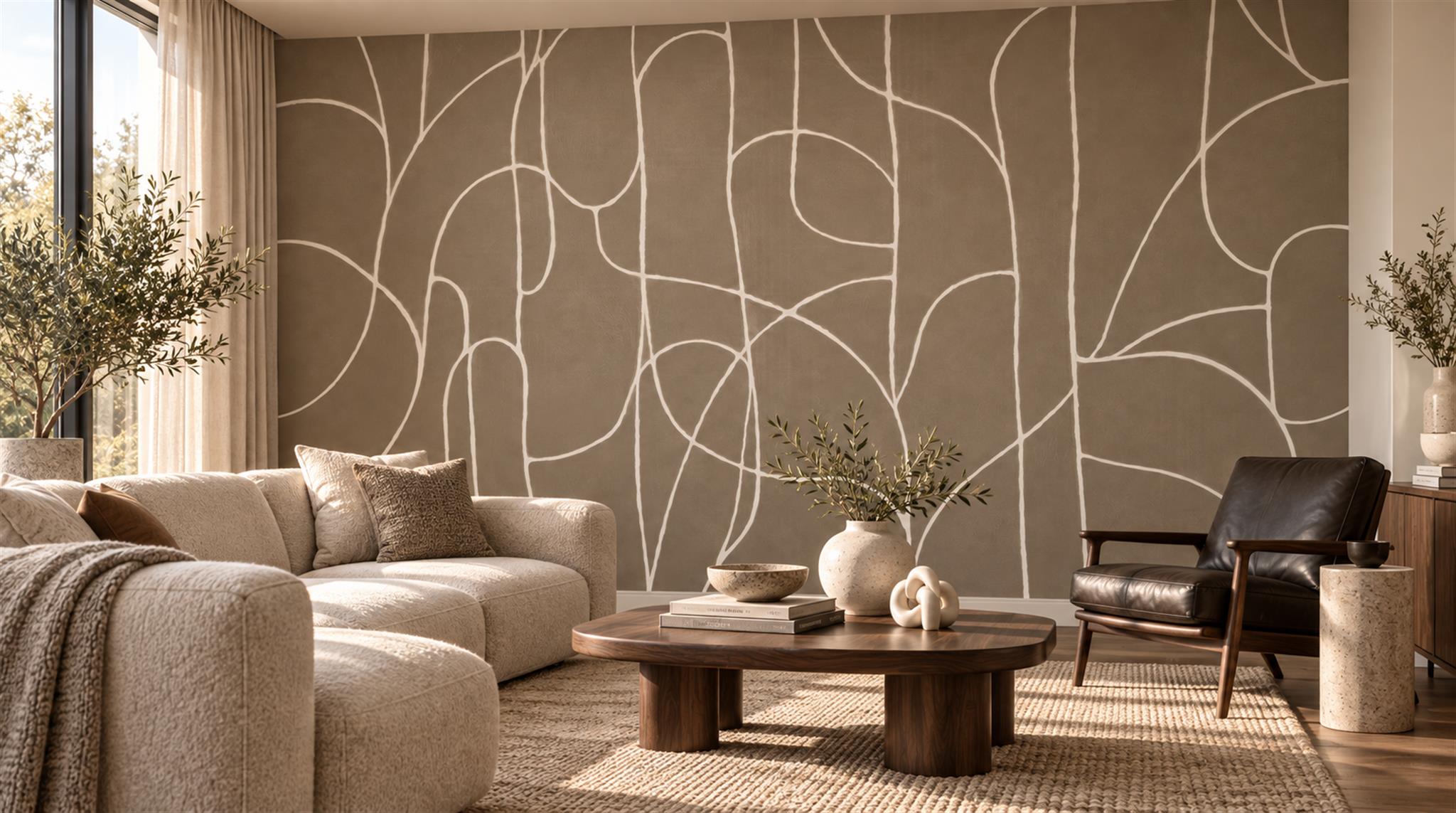 Warm Taupe Abstract Loop Line Wallpaper Mural — Wallpaper Mural Design, Peel-and-stick Finish
