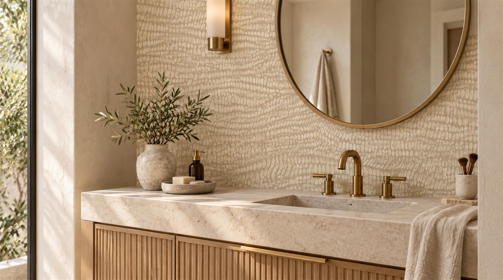Beige And Neutral Abstract Forms Wallpaper Mural Bathroom-wallpaper-murals, Peel-and-stick Finish