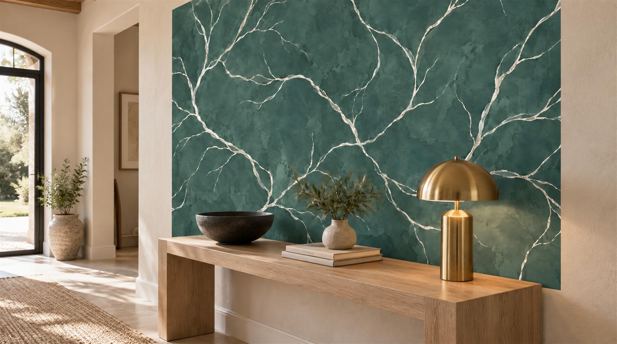 Red And Teal Marble Veining Wallpaper Mural Entryway-wallpaper-murals, Peel-and-stick Finish