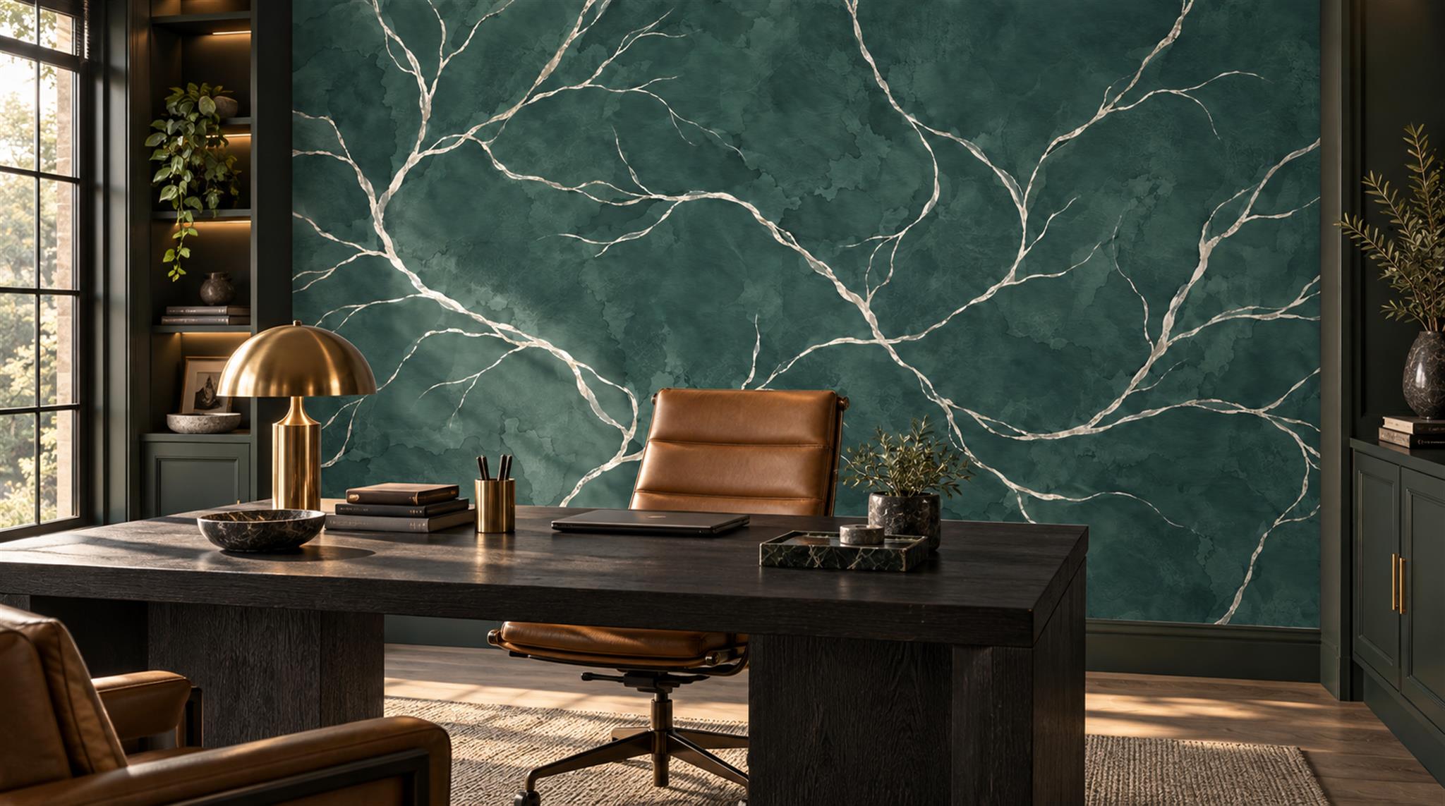 Red And Teal Marble Veining Wallpaper Mural Office-wallpaper-murals, Shown In A Home Office, Peel-and-stick Finish
