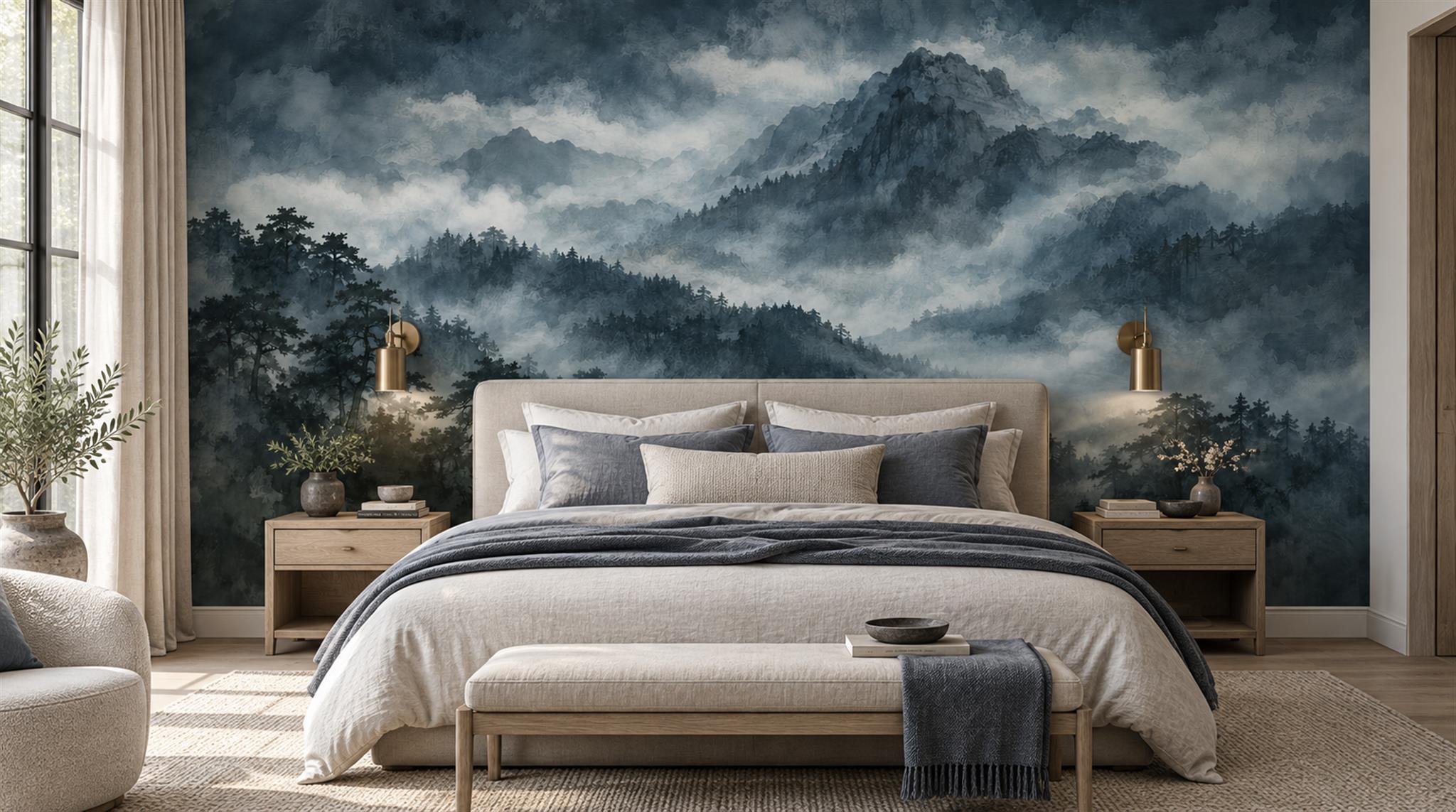 Red And Navy Decorative Patterning Organic Wallpaper Mural Bedroom-wallpaper-murals, Peel-and-stick Finish