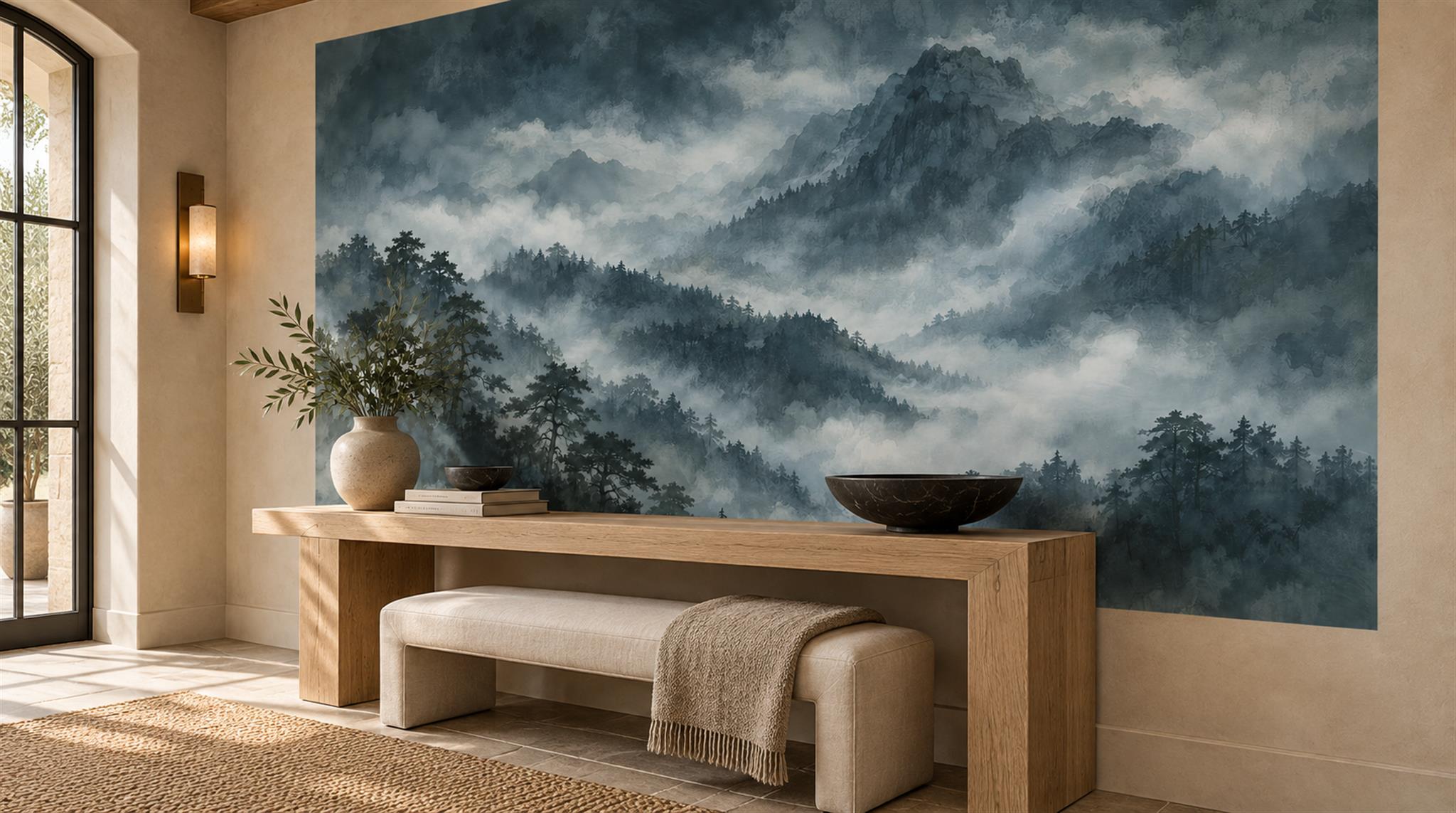 Red And Navy Decorative Patterning Organic Wallpaper Mural Entryway-wallpaper-murals, Peel-and-stick Finish