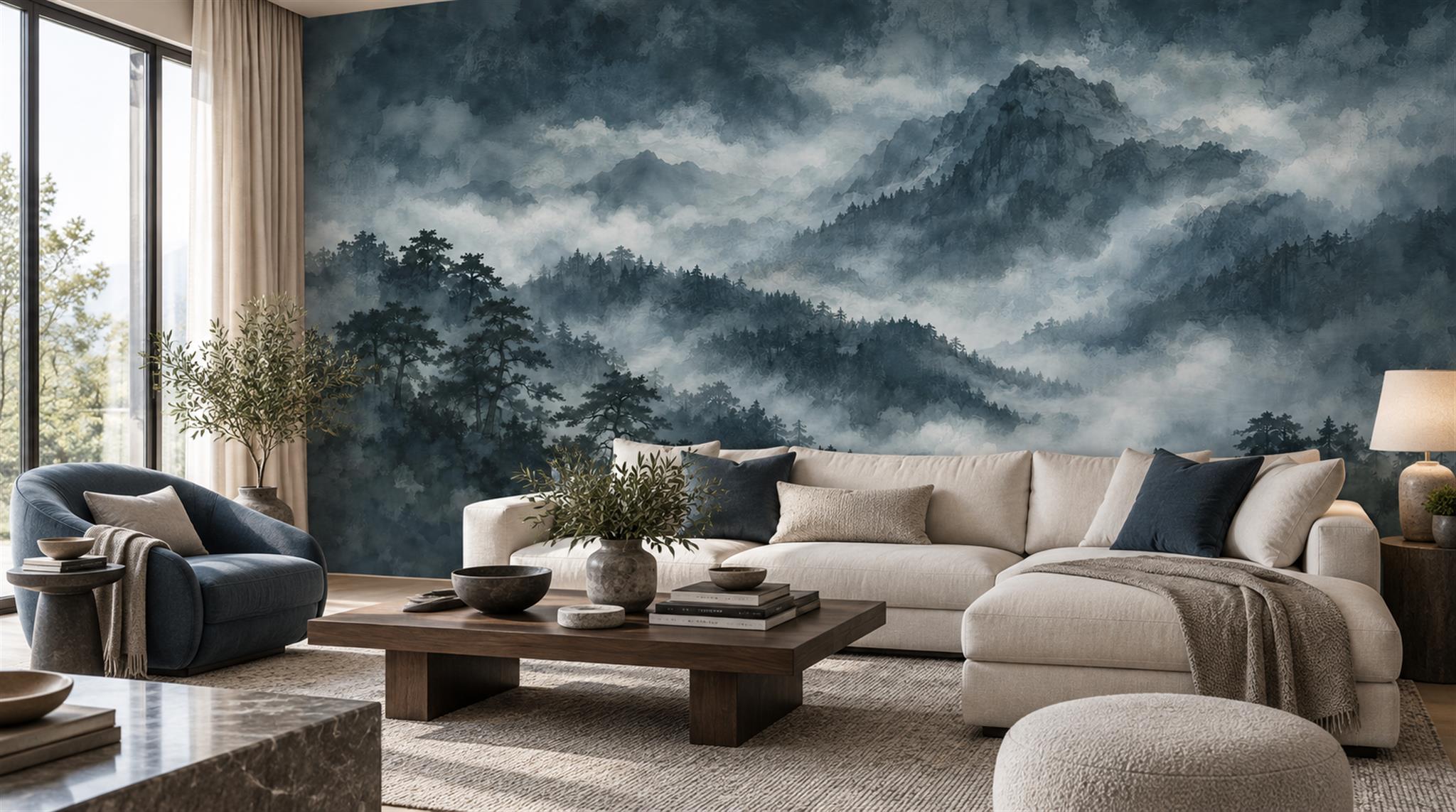 Red And Navy Decorative Patterning Organic Wallpaper Mural Living-room-wallpaper-murals, Shown In A Living Room, Peel-and-stick Finish