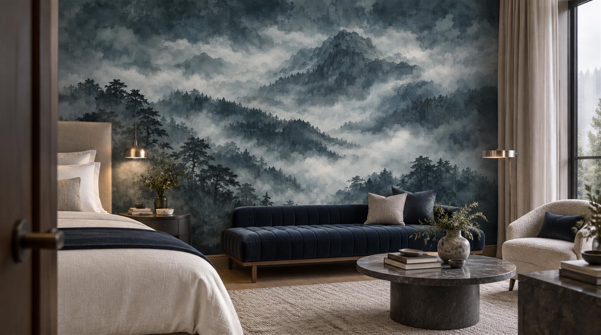 Red And Navy Decorative Patterning Organic Wallpaper Mural Feature-wall-wallpaper-murals, Peel-and-stick Finish