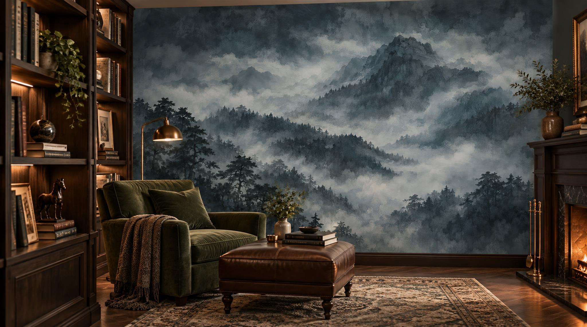 Red And Navy Decorative Patterning Organic Wallpaper Mural Library-wallpaper-murals, Peel-and-stick Finish