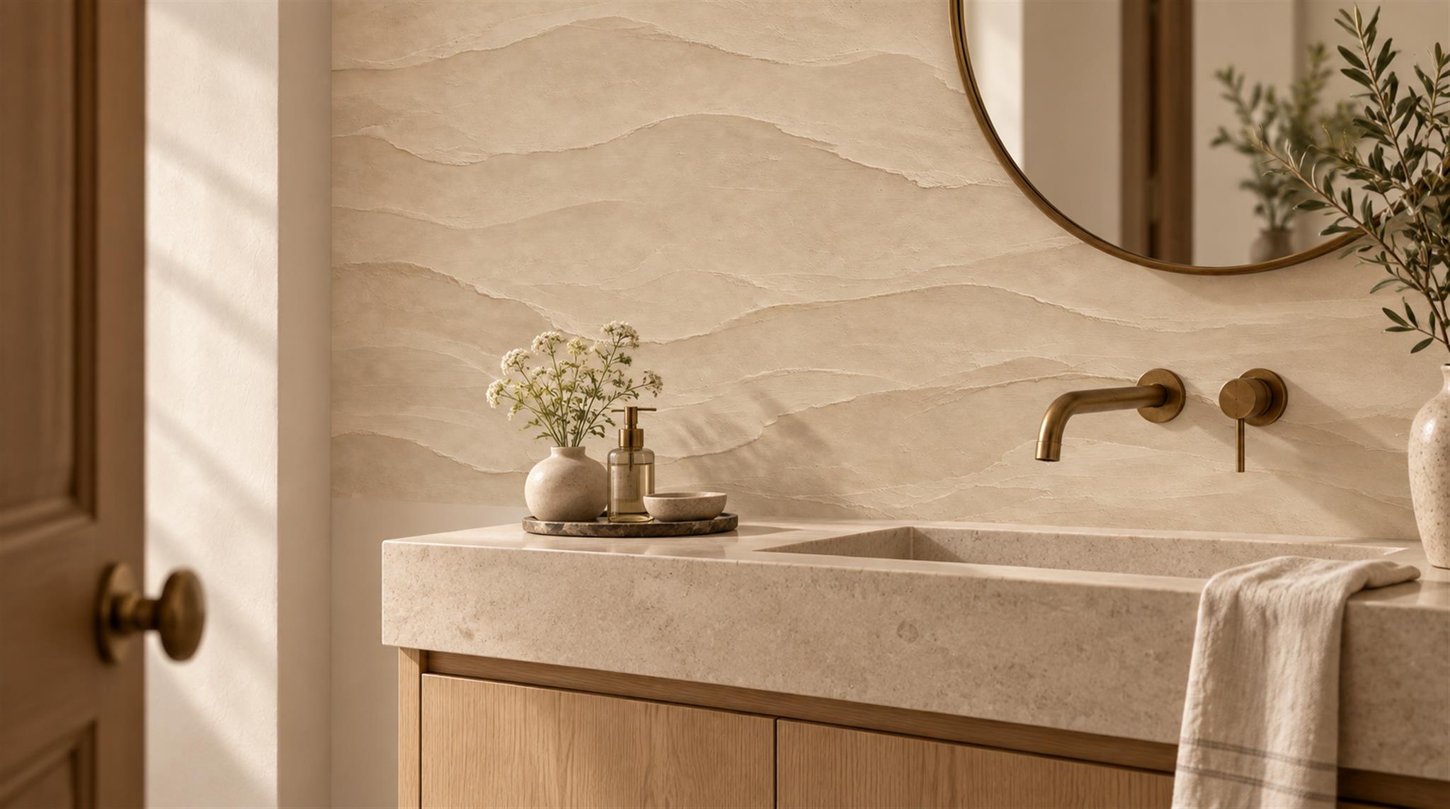 Beige And Tan Decorative Patterning Wallpaper Mural Bathroom-wallpaper-murals, Peel-and-stick Finish