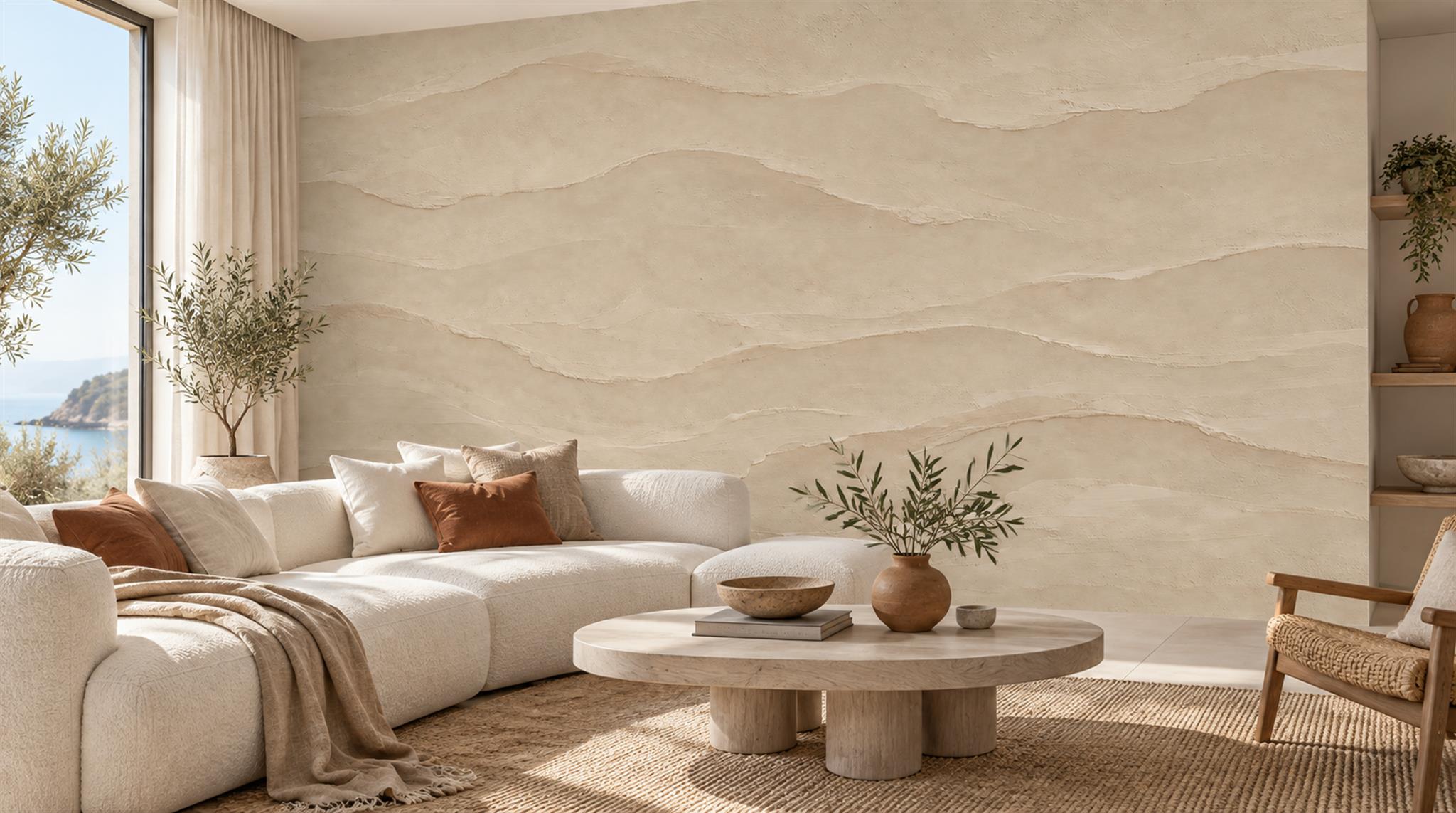 Beige And Tan Decorative Patterning Wallpaper Mural Living-room-wallpaper-murals, Shown In A Living Room, Peel-and-stick Finish