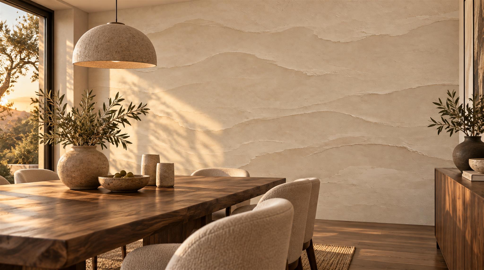 Beige And Tan Decorative Patterning Wallpaper Mural Dining-room-wallpaper-murals, Shown In A Dining Room, Peel-and-stick Finish