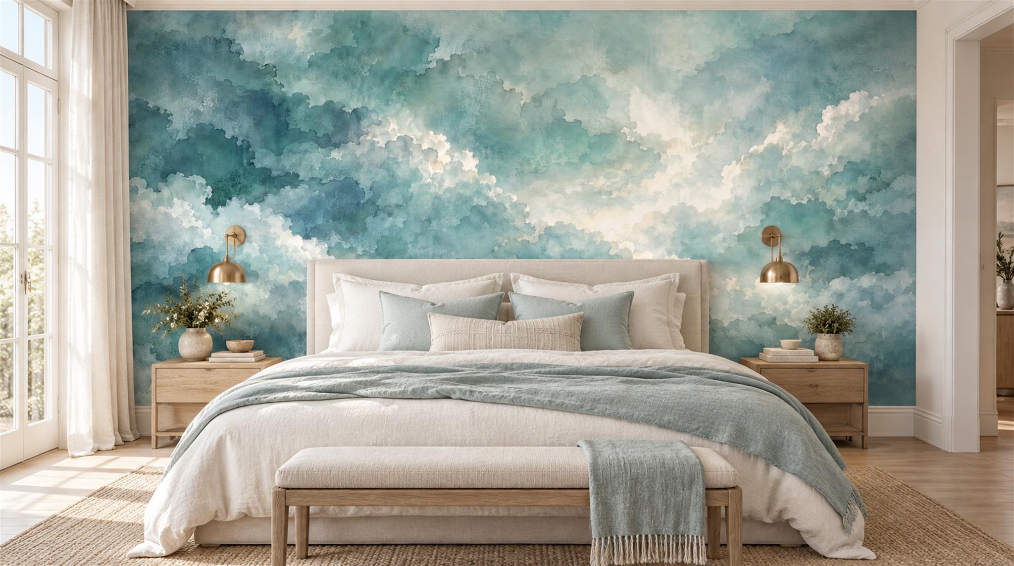 Red And Teal Decorative Patterning Layered Wallpaper Mural Bedroom-wallpaper-murals, Peel-and-stick Finish