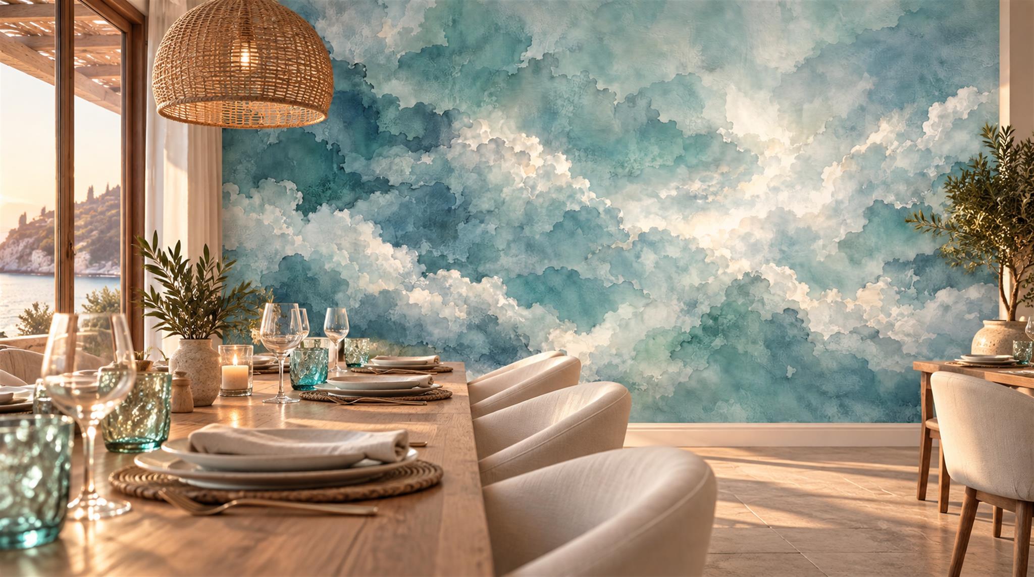 Red And Teal Decorative Patterning Layered Wallpaper Mural Dining-room-wallpaper-murals, Shown In A Dining Room, Peel-and-stick Finish