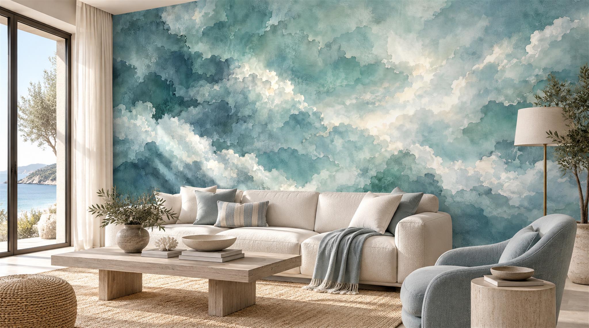 Teal Blue Watercolour Cloud Wash Wallpaper Mural — Wallpaper Mural Design, Peel-and-stick Finish